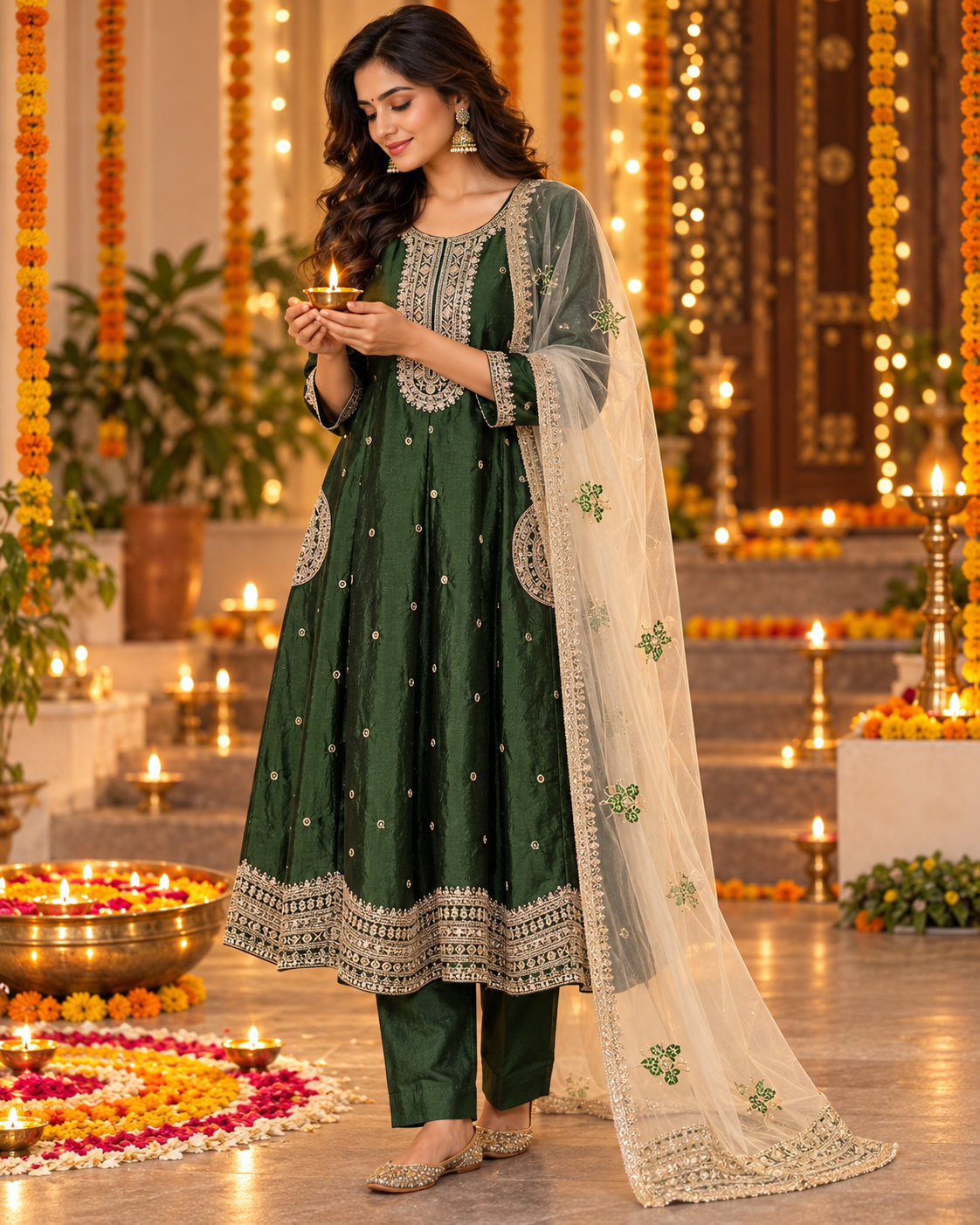 Bottle Green Zari Embroidered Kurta Set
