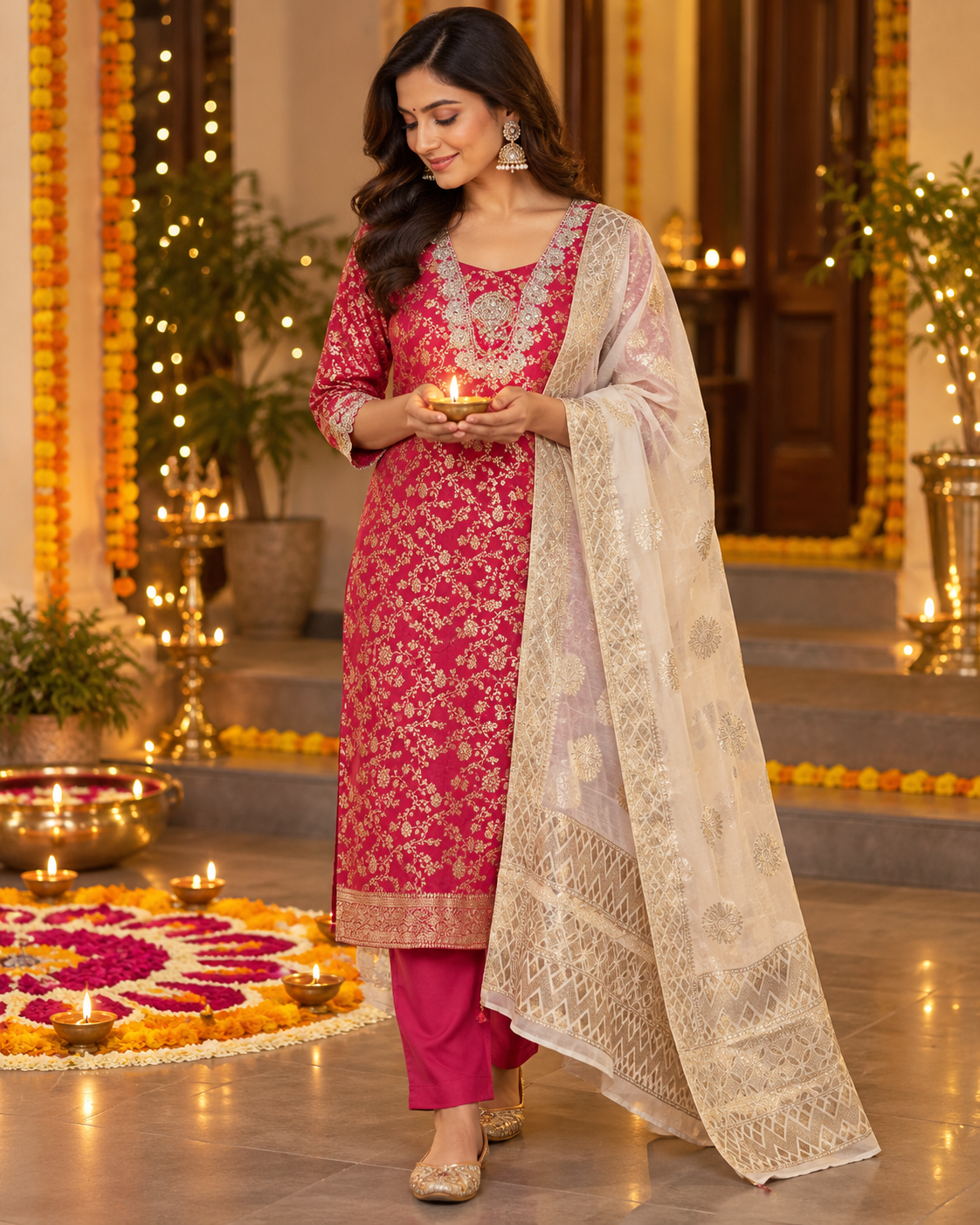 Dark Red Zari Brocade 3-Piece Set
