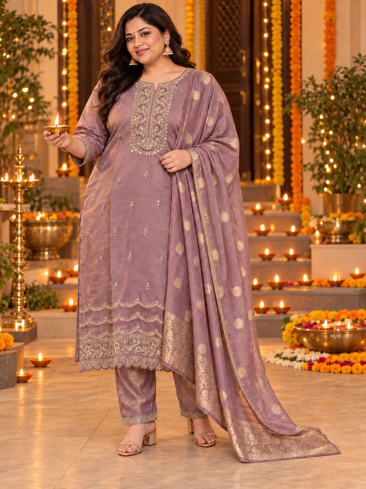 Mauve Sequin Embroidered Kurta Set with Dupatta