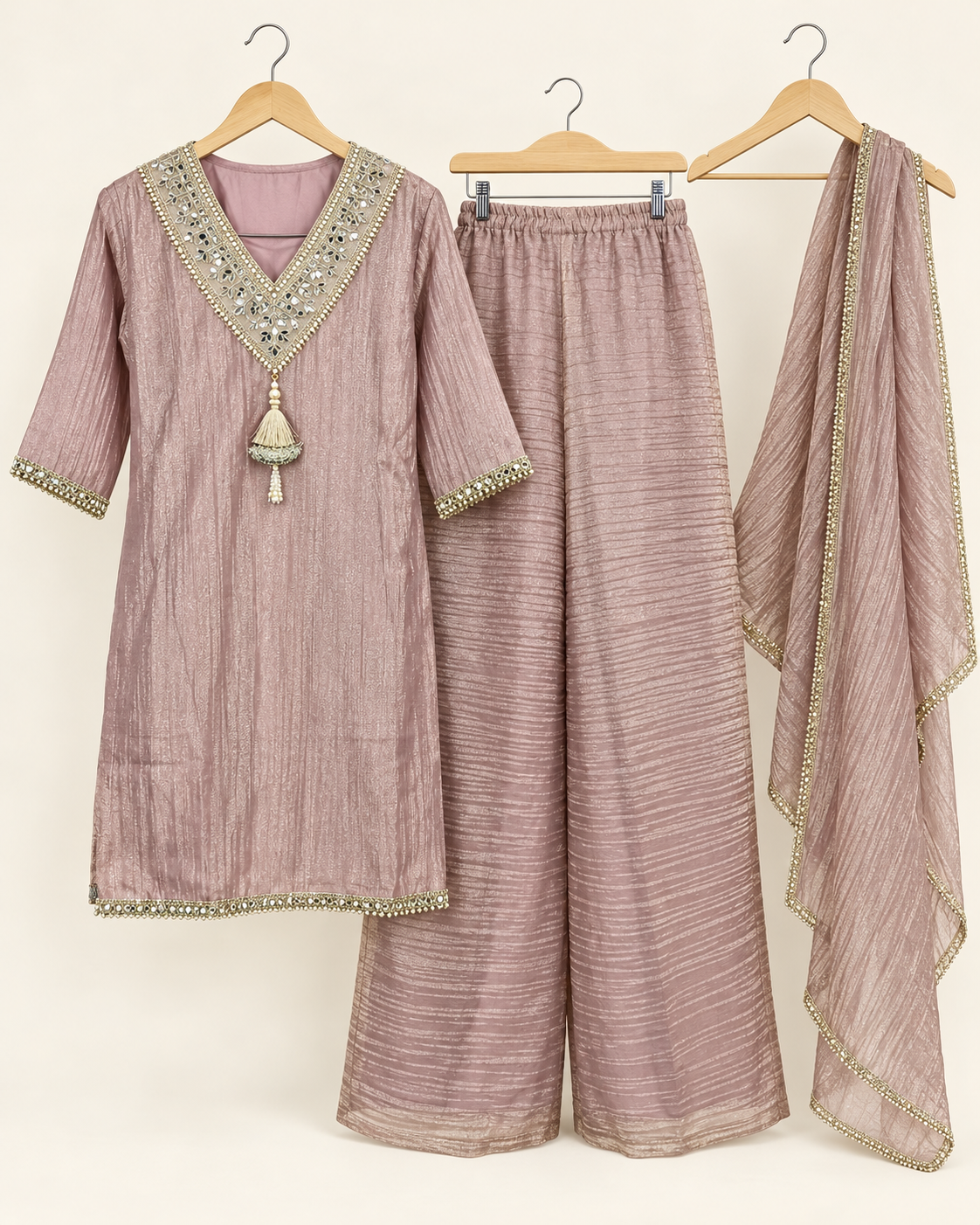 Dusty Rose Mirror Work V-Neck Kurta Set