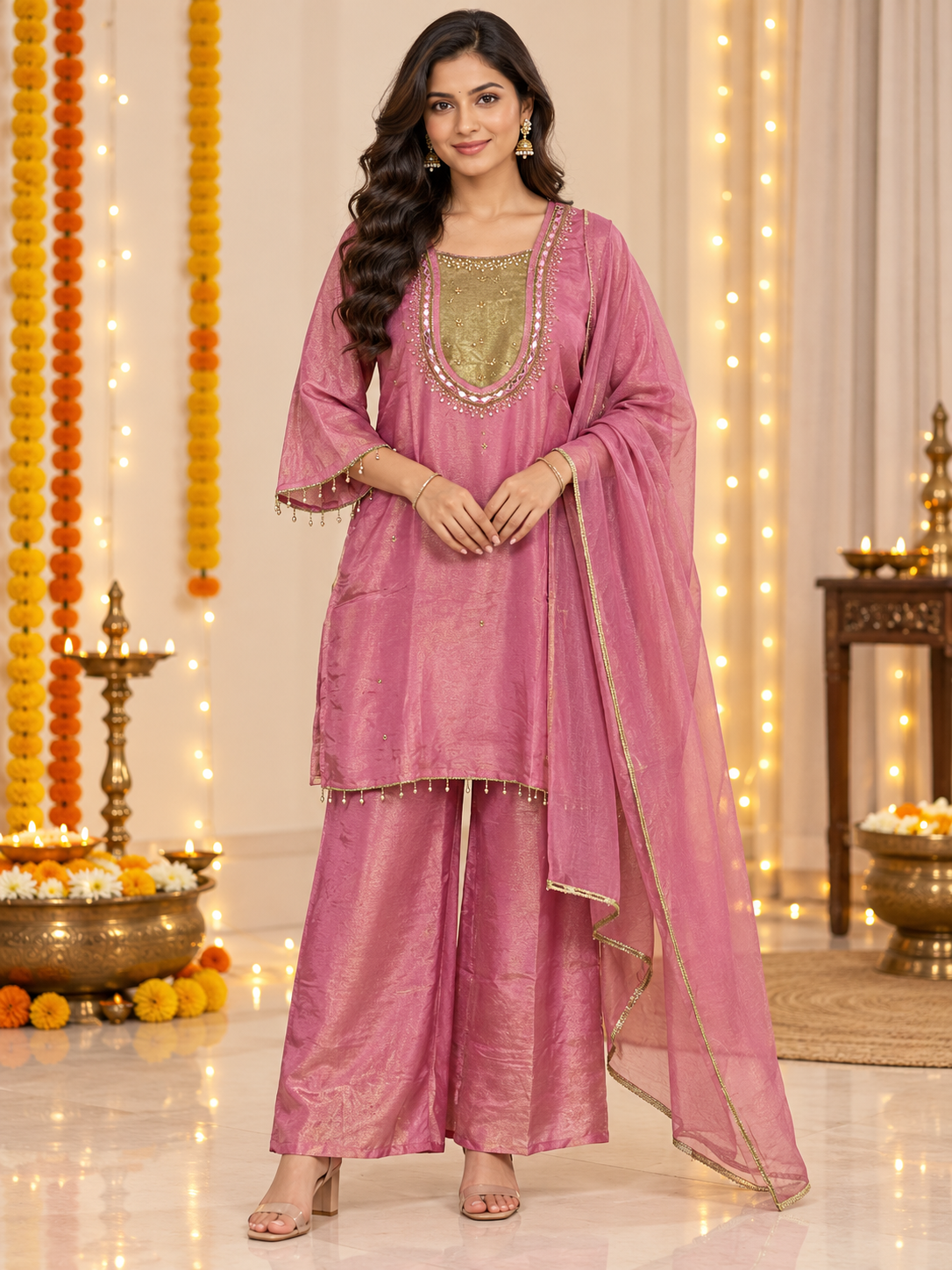 Dusty Pink Mirror Work Kurta Set with Dupatta
