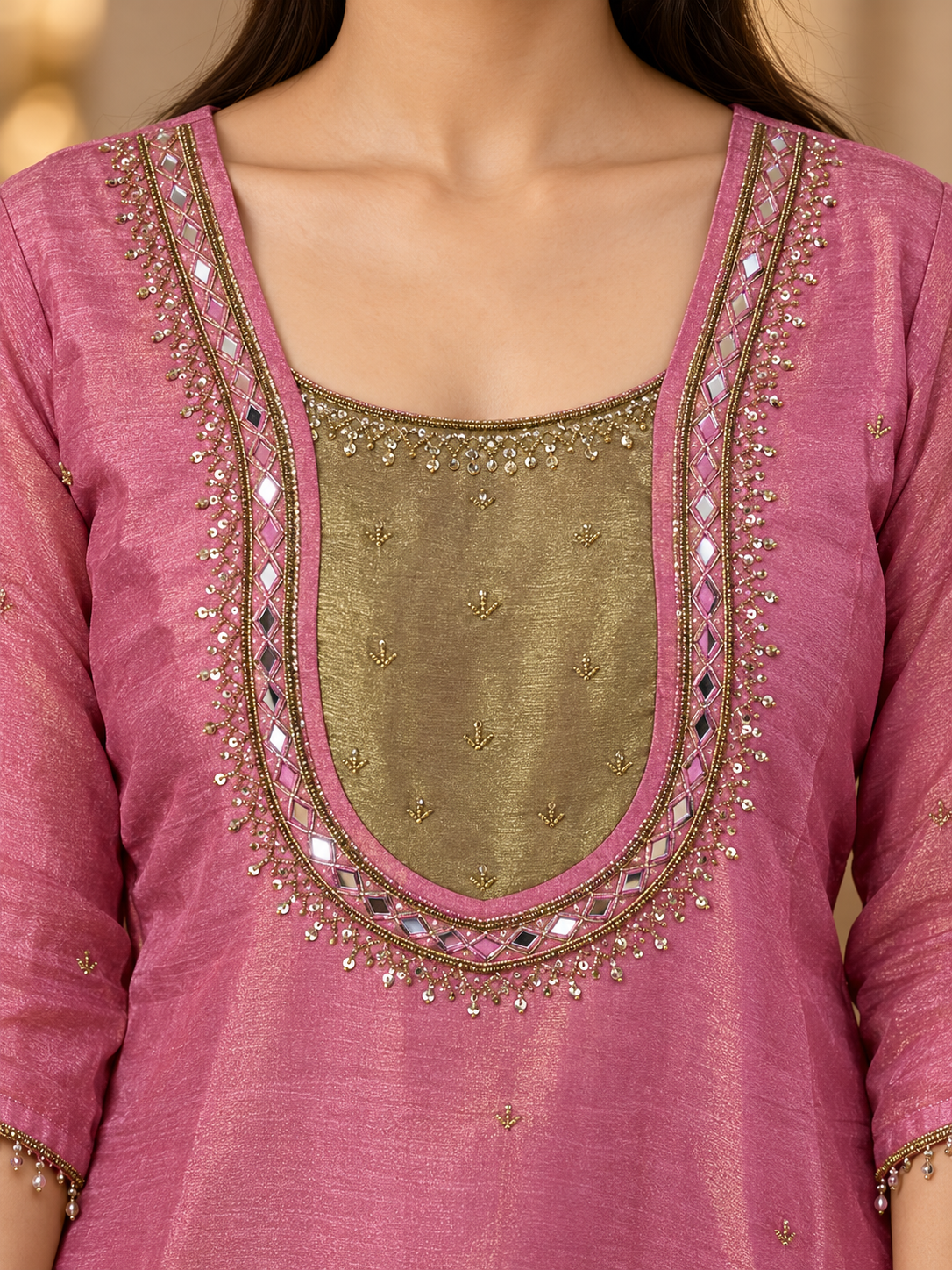 Dusty Pink Mirror Work Kurta Set with Dupatta