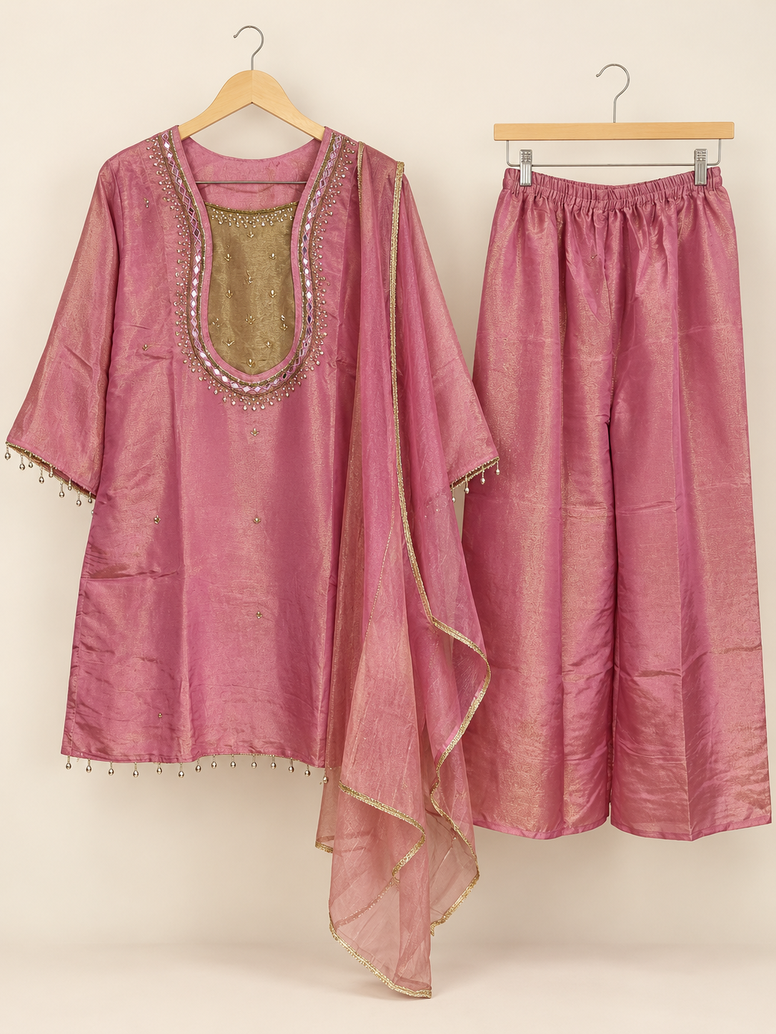 Dusty Pink Mirror Work Kurta Set with Dupatta