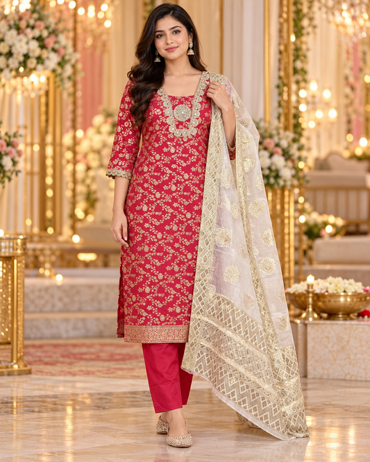 Dark Red Zari Brocade 3-Piece Set