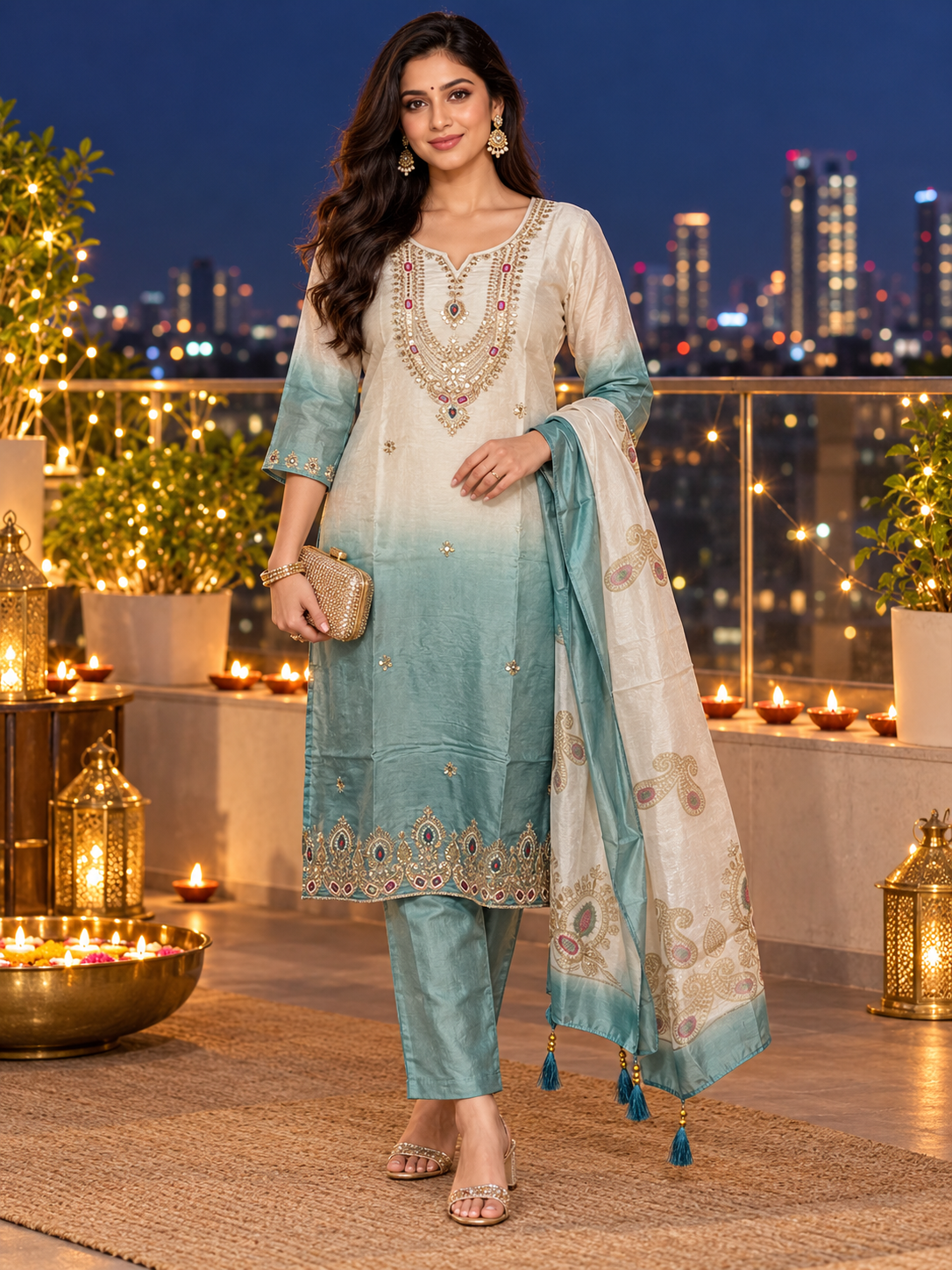 Woman wearing a teal and cream ombre Glass Roman kurta set with golden embroidered yoke and hem, matching teal pants and a paisley-motif dupatta with tassels