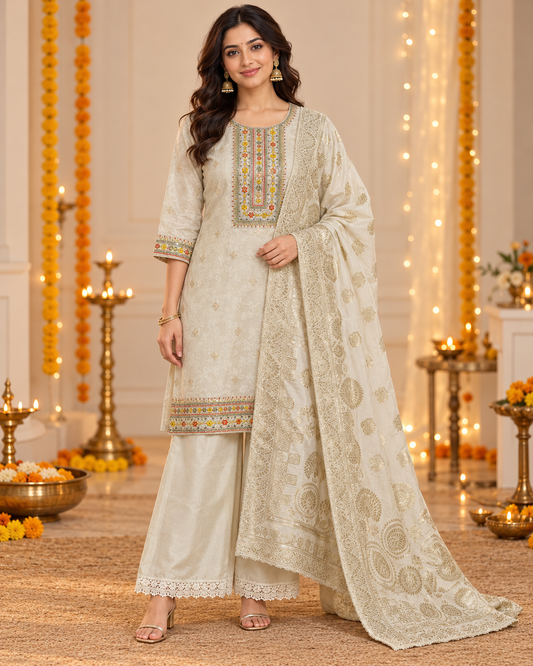 Ivory Gold Embroidered Kurta Palazzo Set with Dupatta