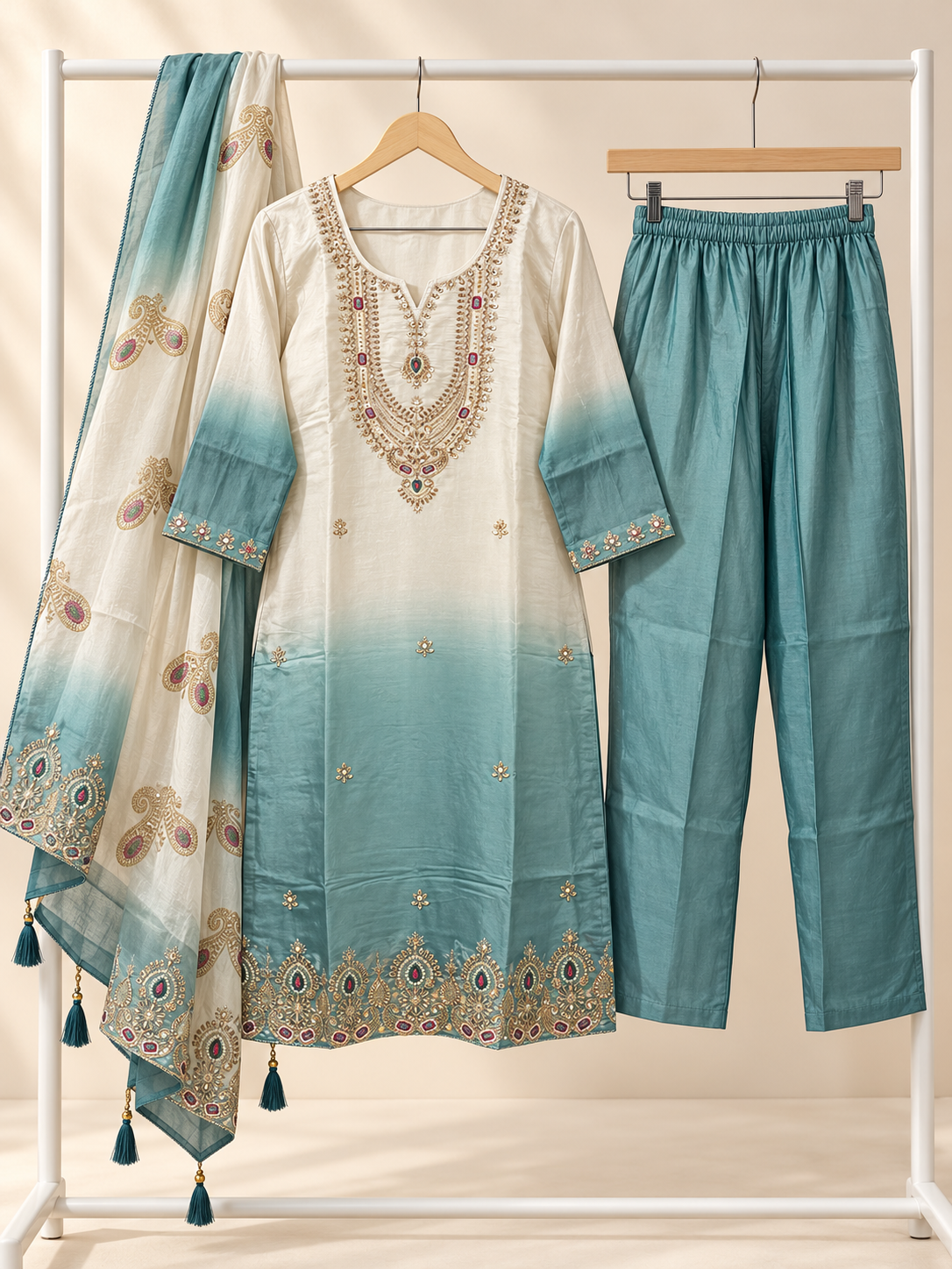 Sea-Green Embroidered Kurta Set with Dupatta