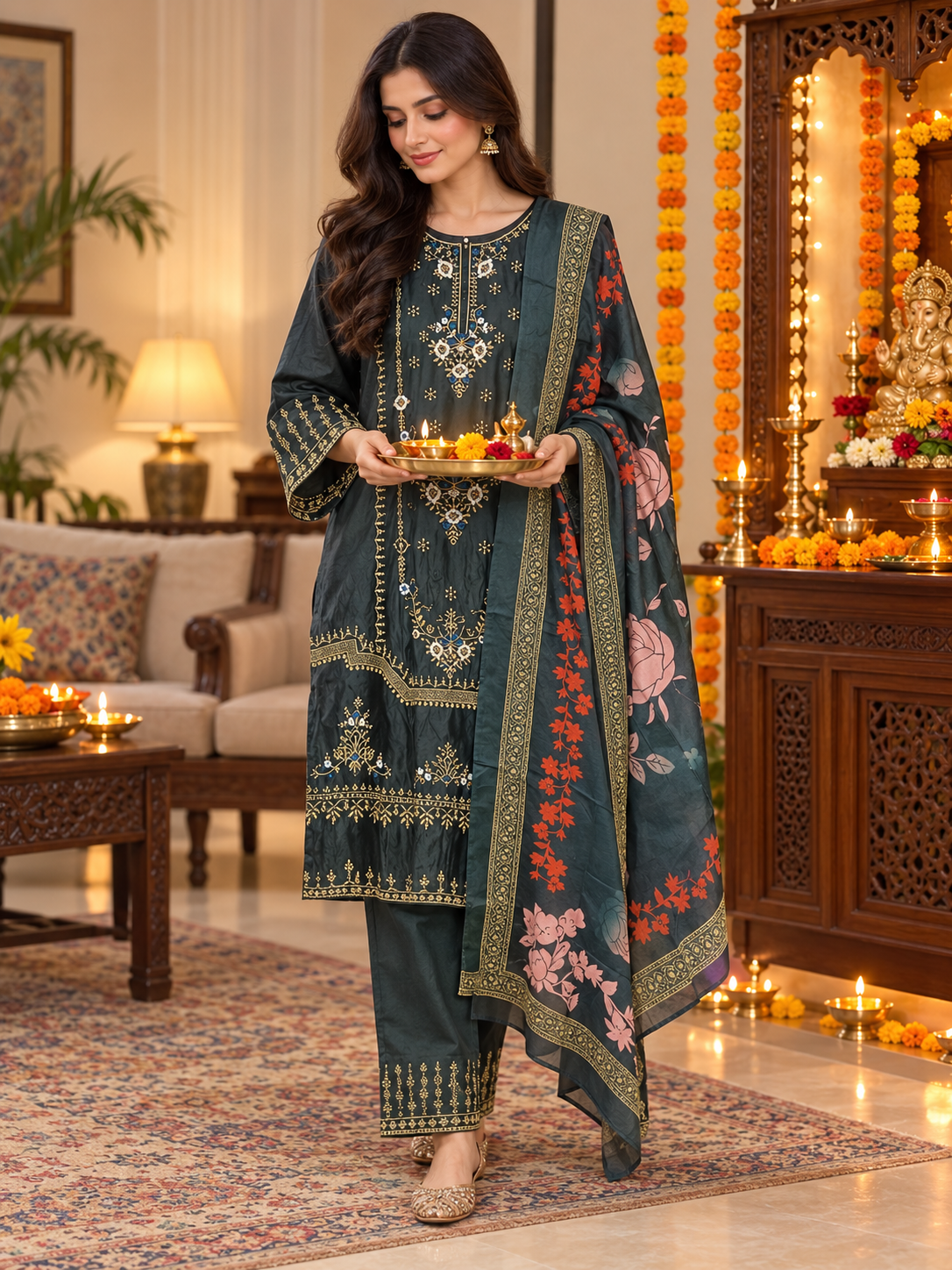 Bottle green Heavy Rayon kurta set with golden embroidery and a printed dupatta with orange-red and pink florals on a hanger