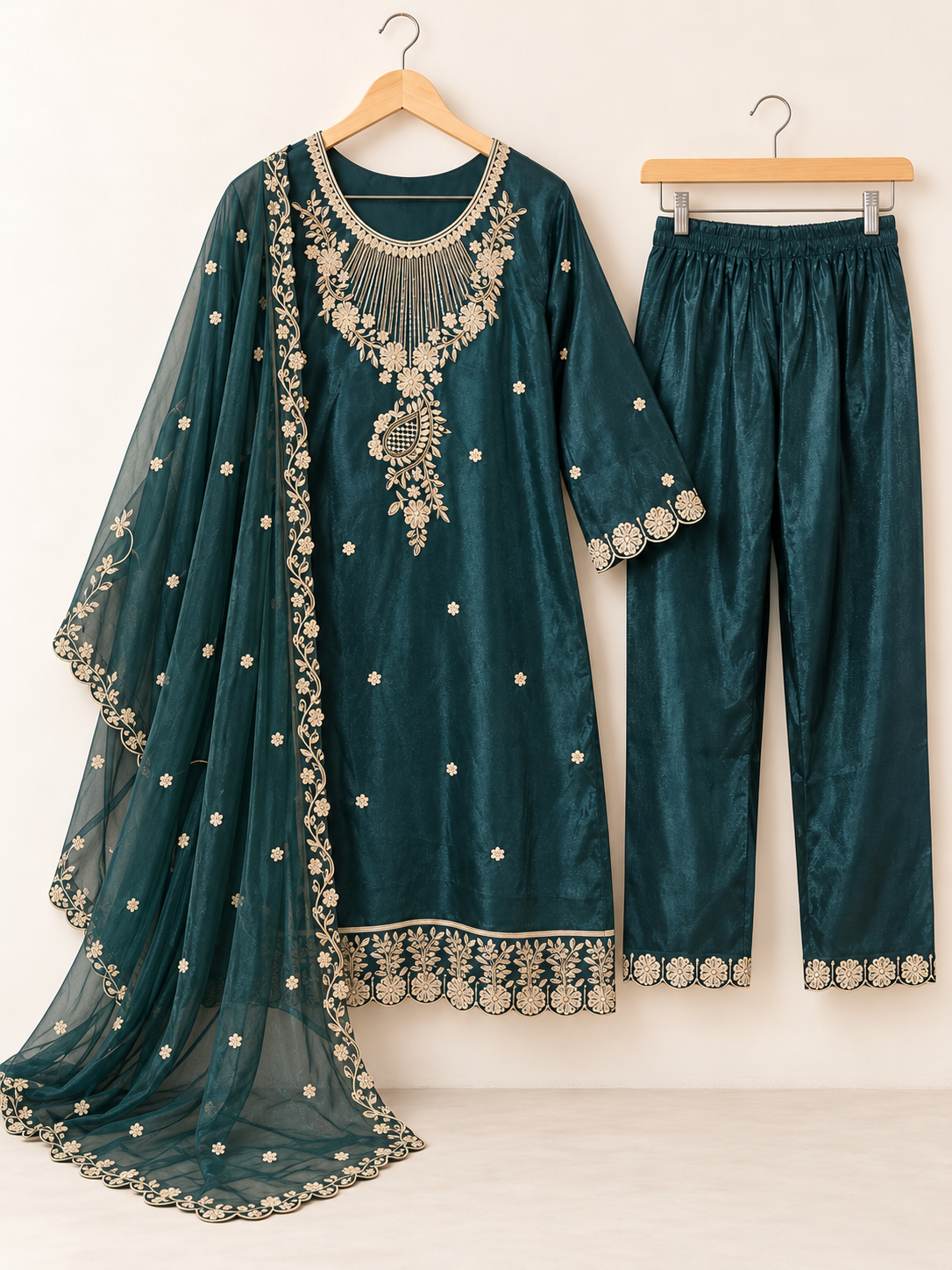 Emerald Green Zari Embroidered 3-Piece Set