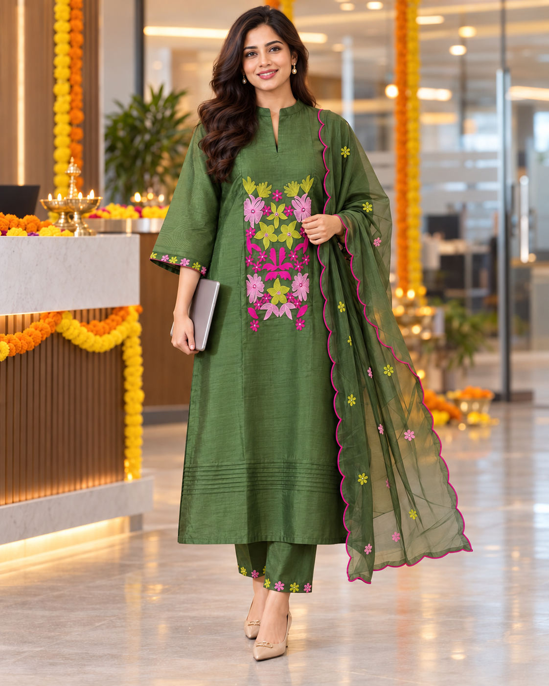 Bottle Green Floral Embroidered Kurta Set with Dupatta