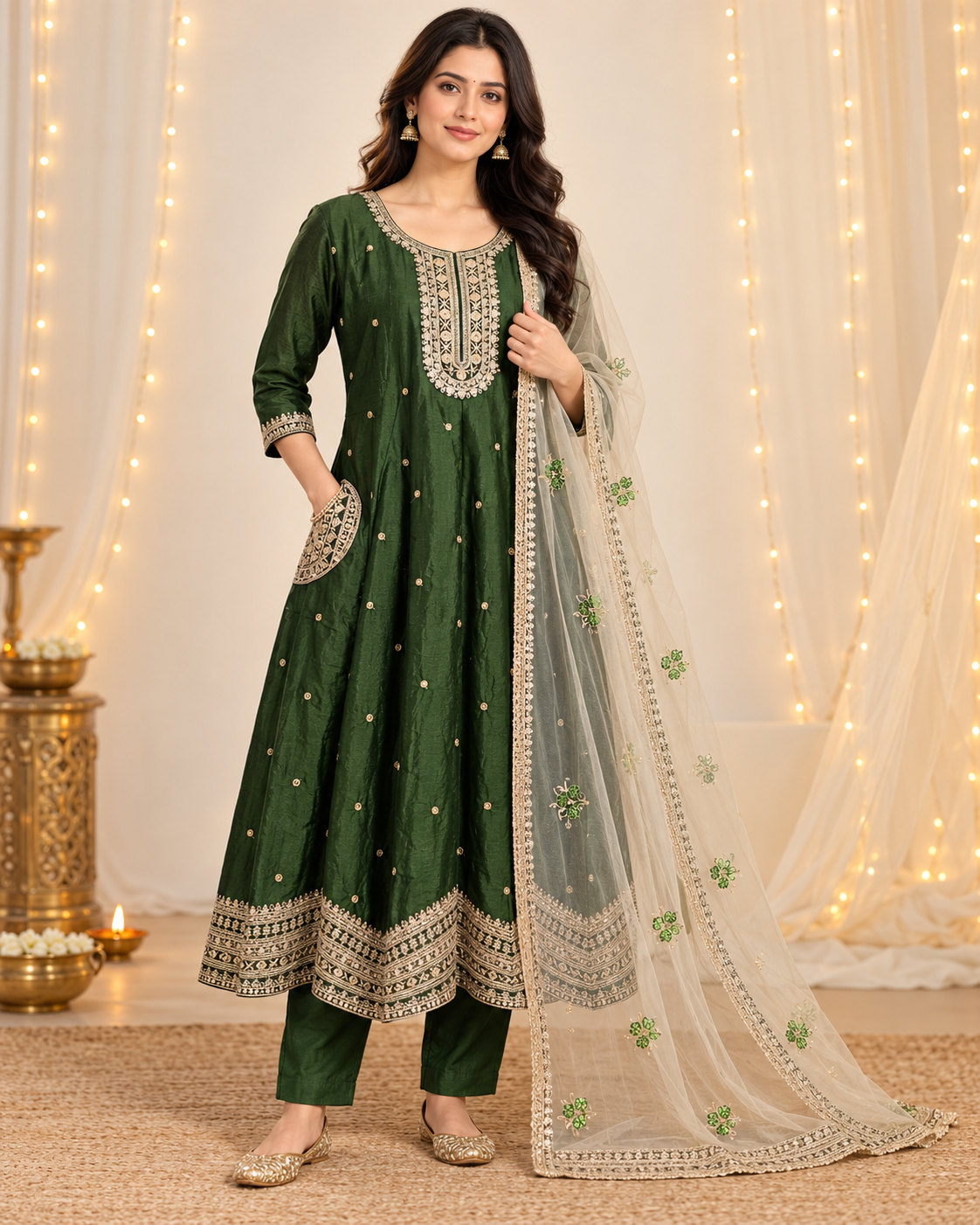 Bottle-green Vichitra silk kurta set with gold-toned embroidered neckline, motifs, pockets, statement hem and matching straight-fit trousers.