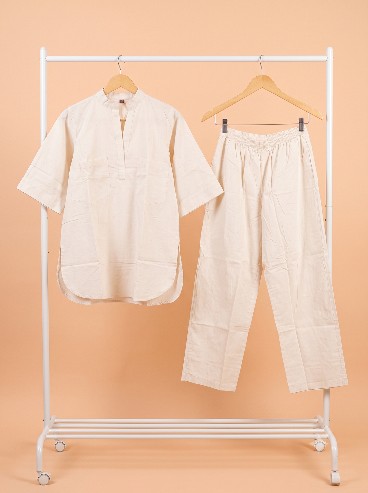 Off White Mandarin Collar Khadi Co-ord Set