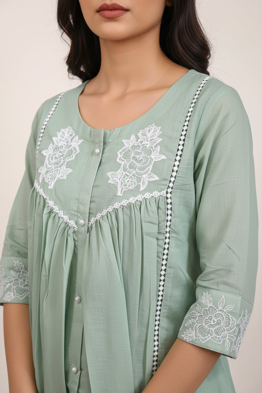 Mint Green Floral Embroidered Cotton Co-ord Set