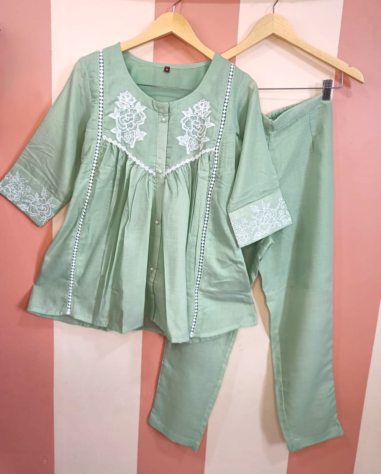 Mint Green Floral Embroidered Cotton Co-ord Set
