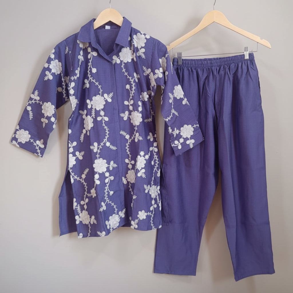 Purple Floral Embroidery Co-ord Set