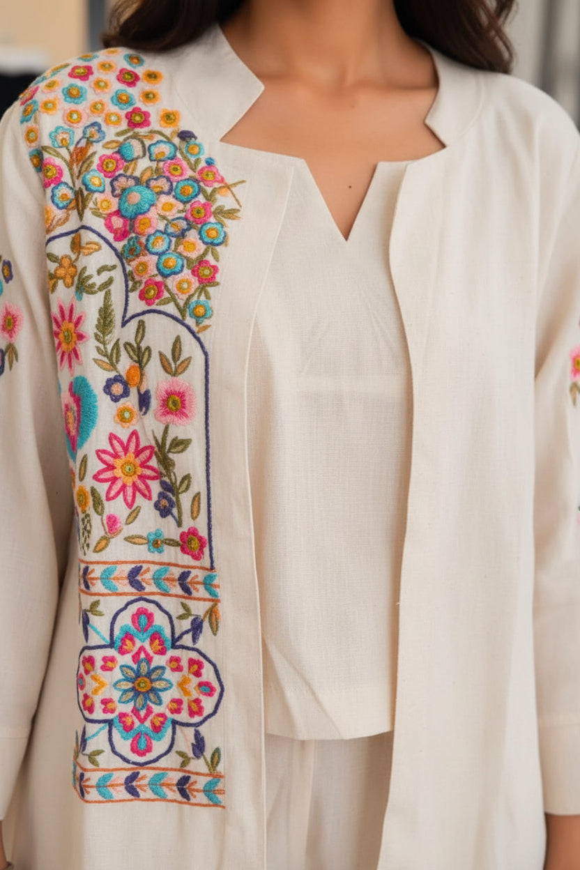Ivory Floral Embroidered 3-Piece Co-ord Set