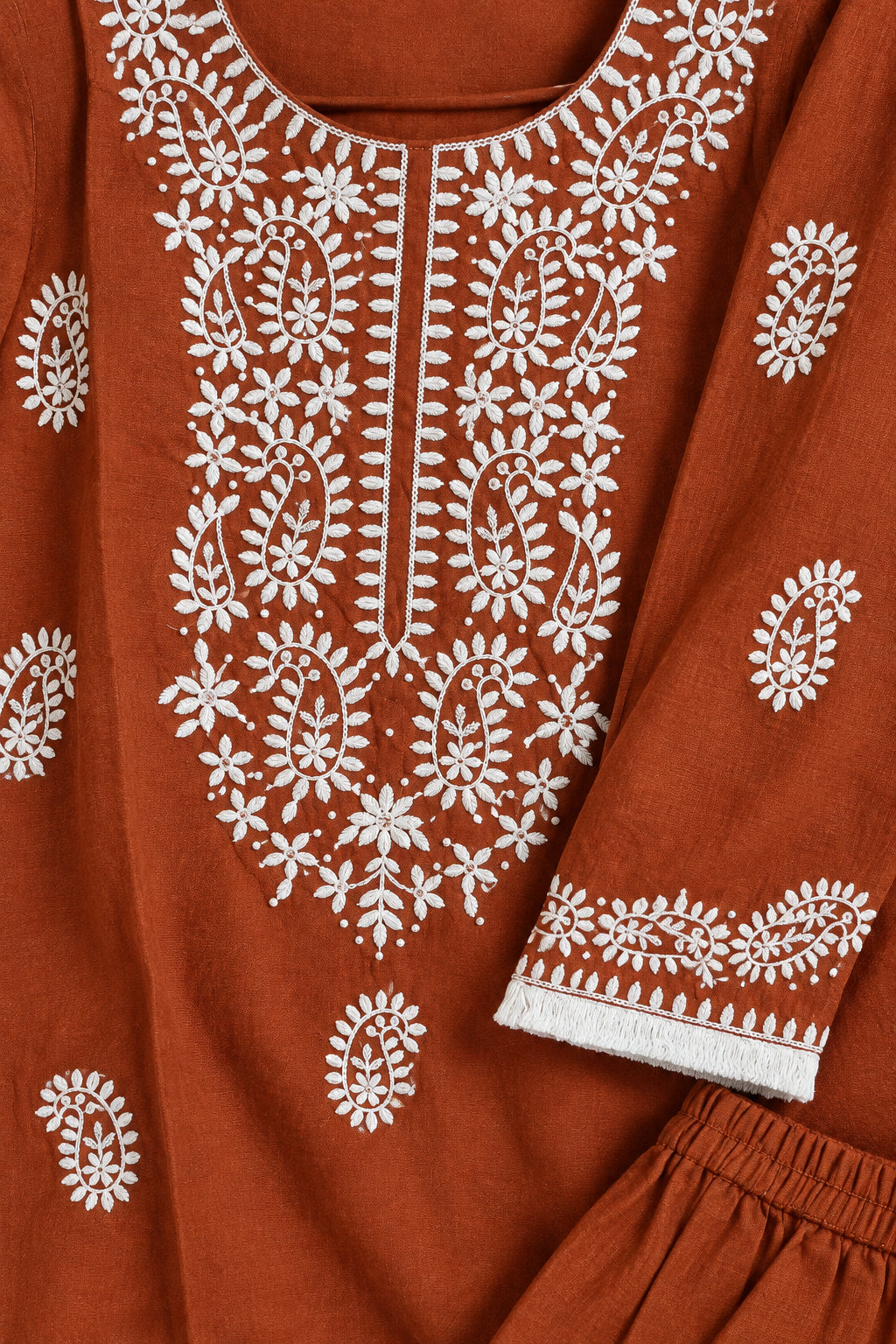 Rust Chikankari Style Embroidered Cotton Co-ord Set