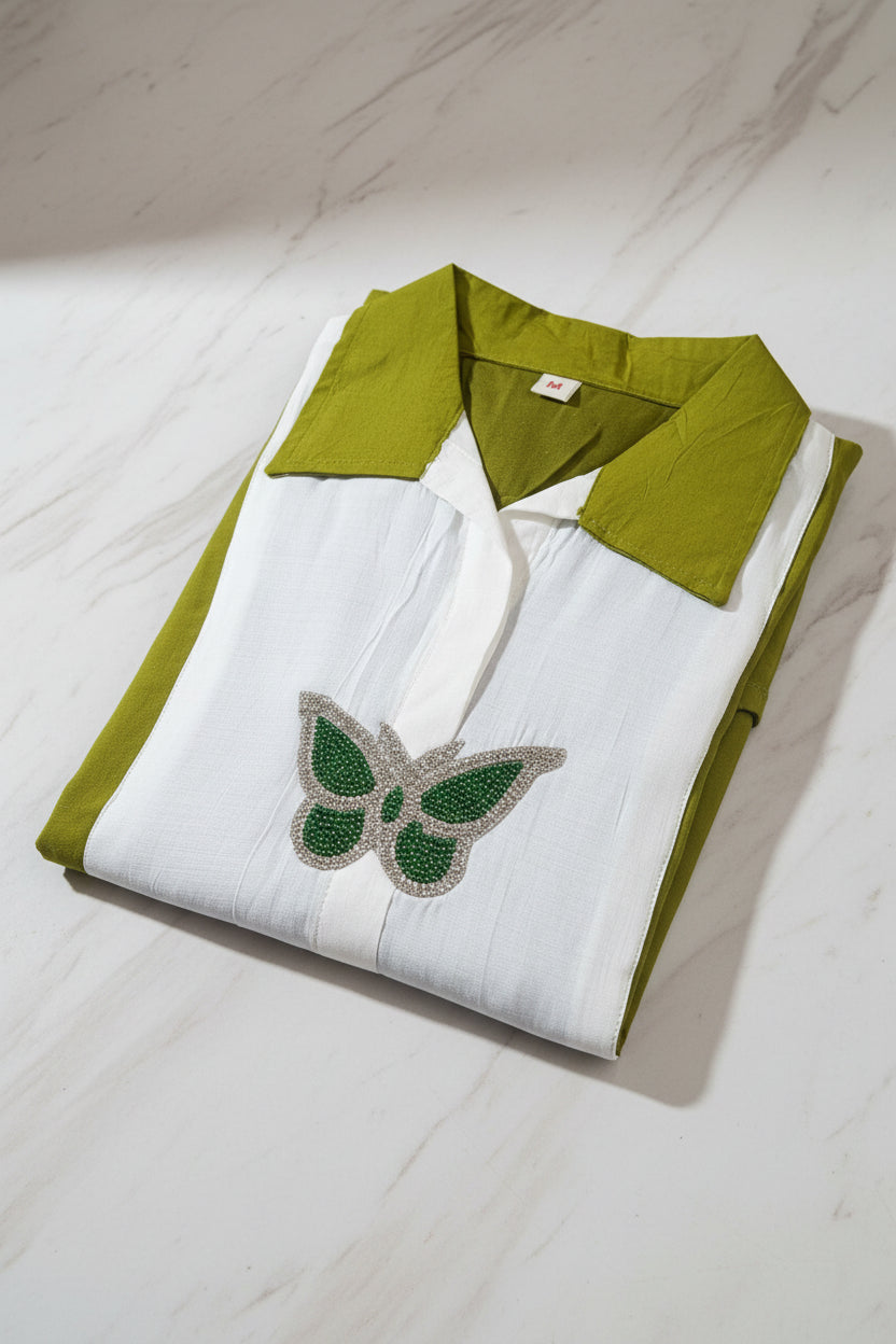 Olive Green Butterfly Embellished Co-ord Set