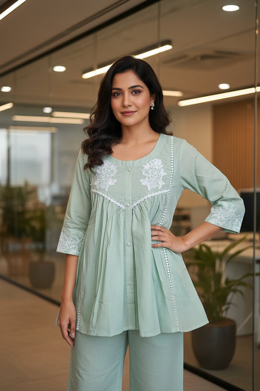 Mint Green Floral Embroidered Cotton Co-ord Set