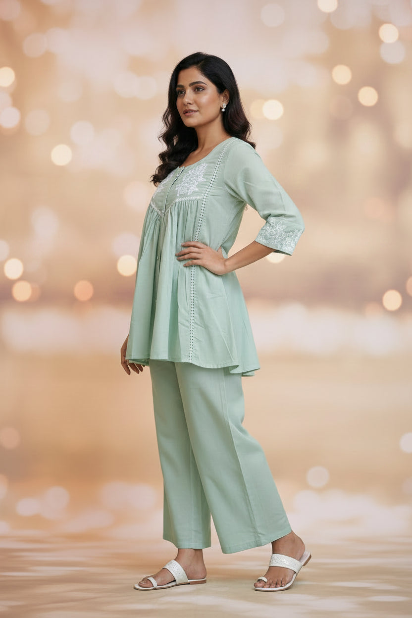 Mint Green Floral Embroidered Cotton Co-ord Set