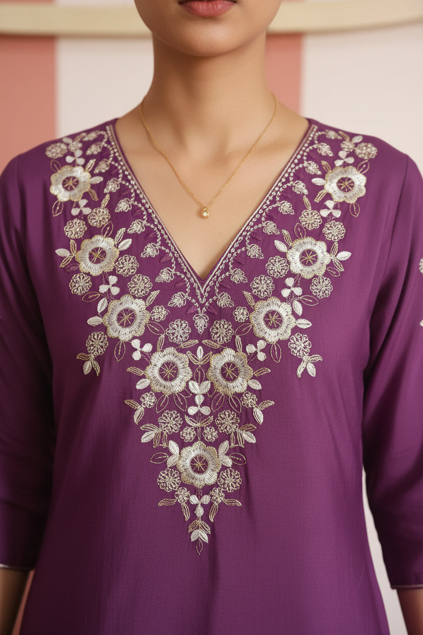 Wine Purple Floral Embroidered Co-ord Set