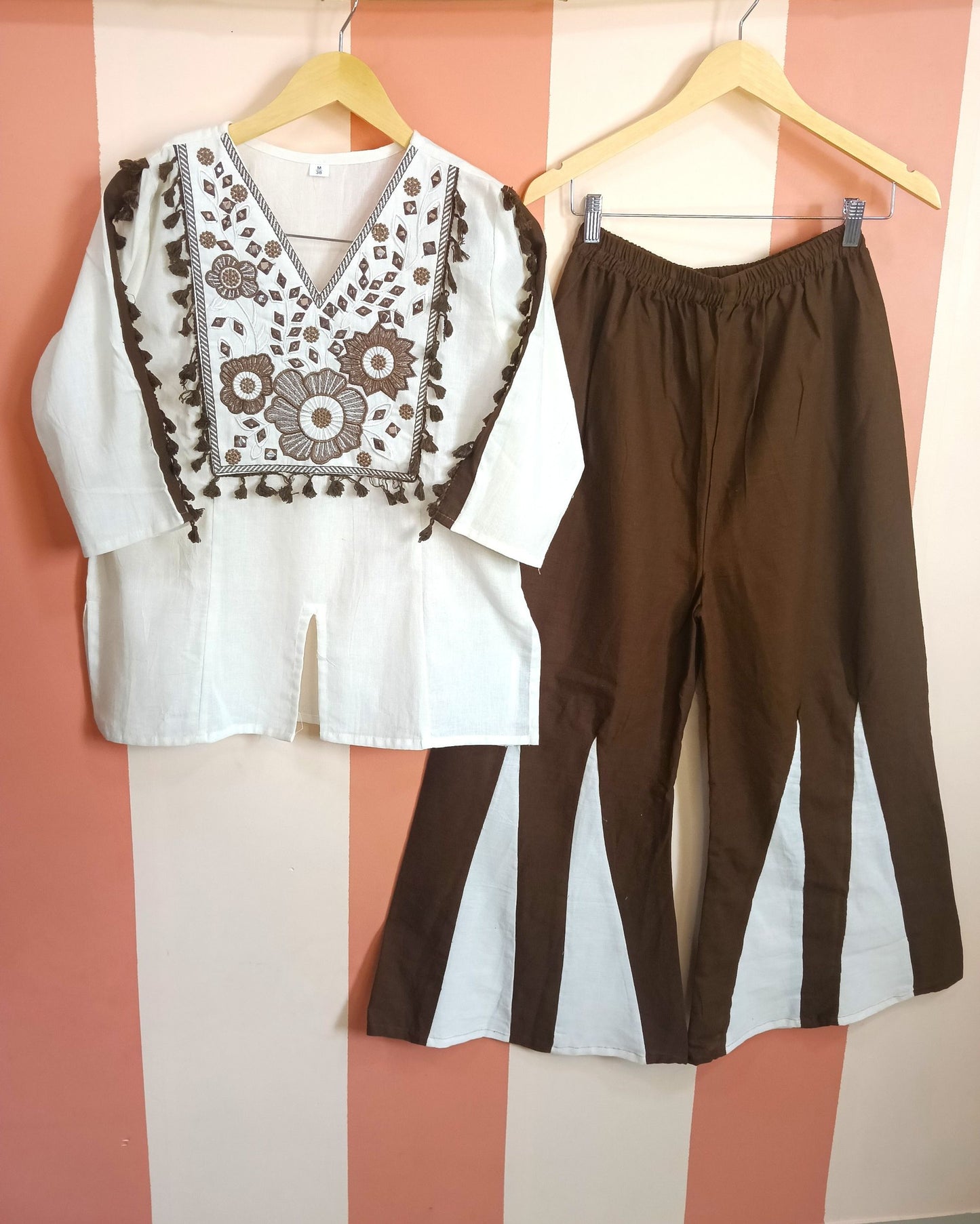 Beige and Coffee, Khadi Cotton Embroidered Cord Set