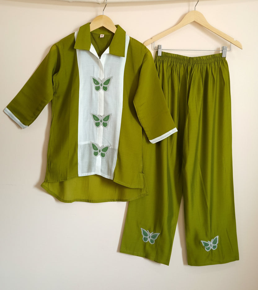 Olive Green Butterfly Embellished Co-ord Set