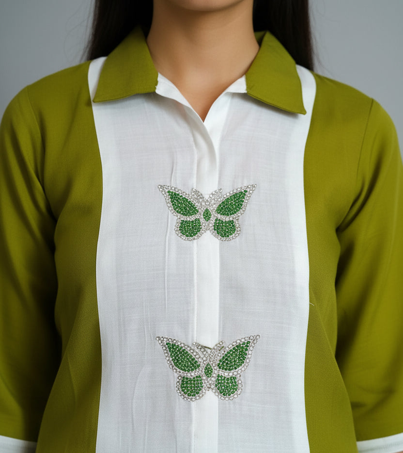 Olive Green Butterfly Embellished Co-ord Set