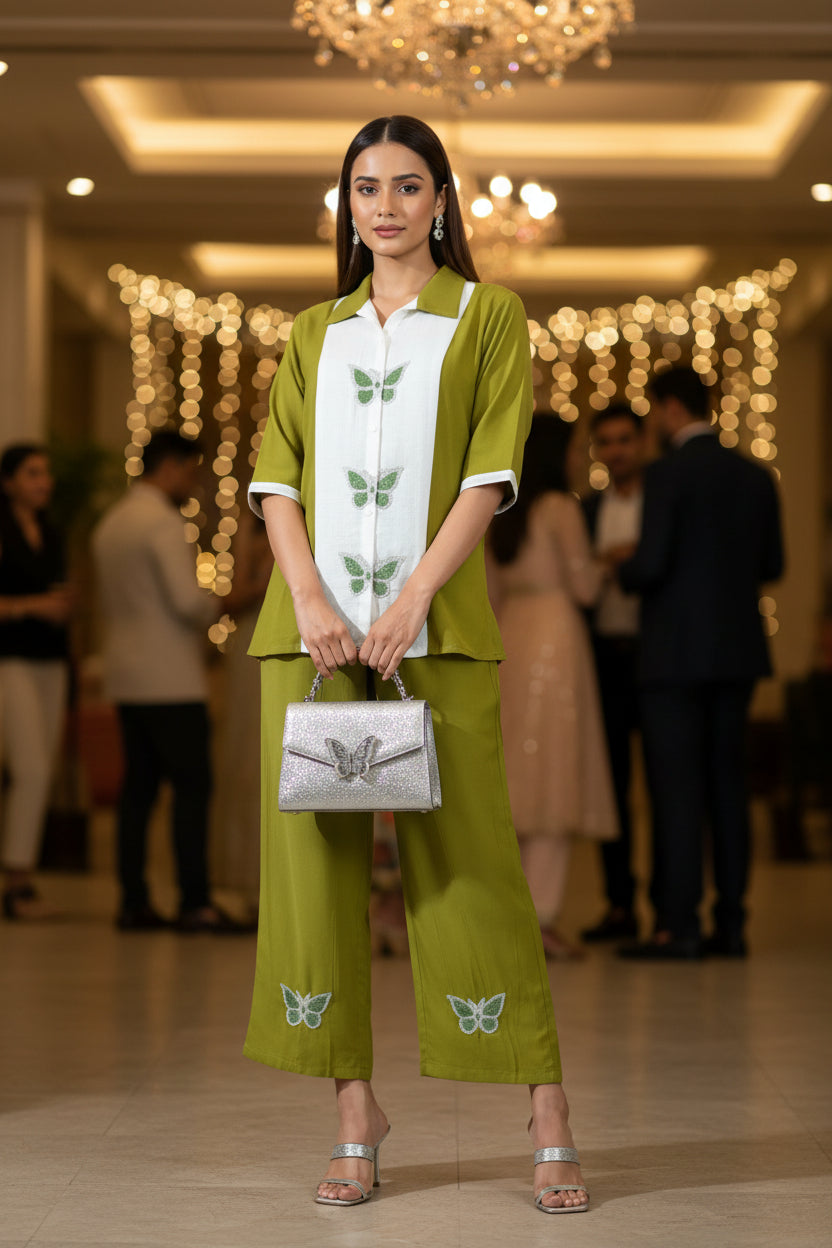 Olive Green Butterfly Embellished Co-ord Set