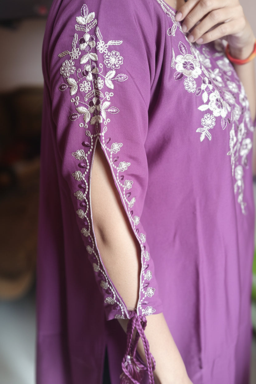 Wine Purple Floral Embroidered Co-ord Set