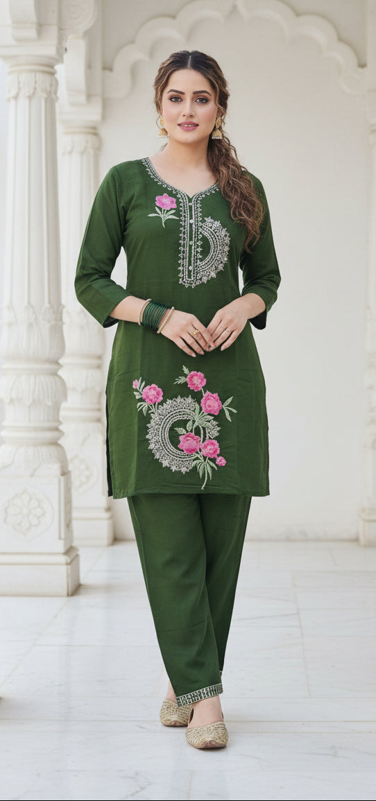 Olive Green Floral Embroidery Co-ord Set