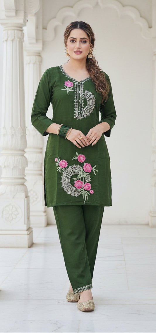 Olive Green Floral Embroidery Co-ord Set