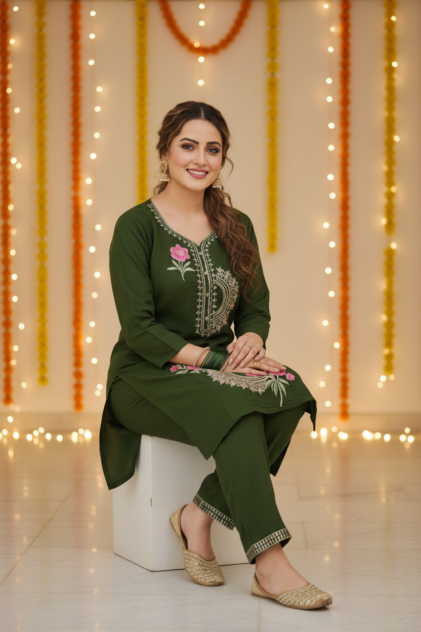 Olive Green Floral Embroidery Co-ord Set
