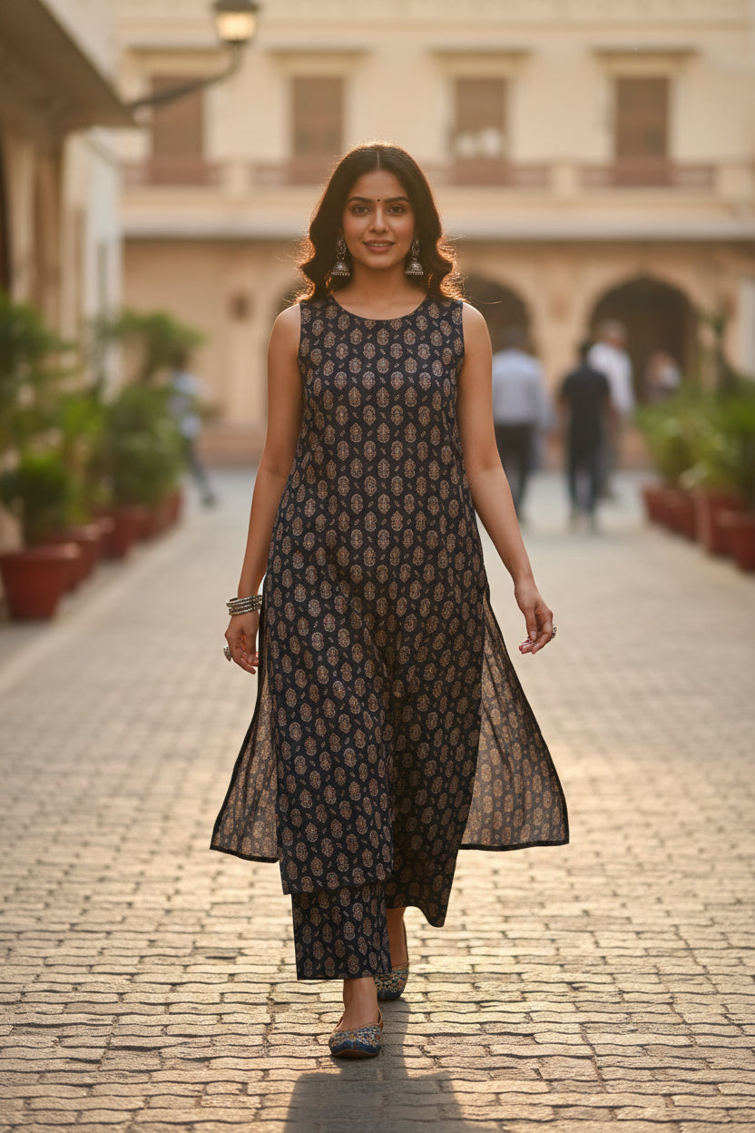 Navy Blue Paisley Printed Cotton Co-ord Set