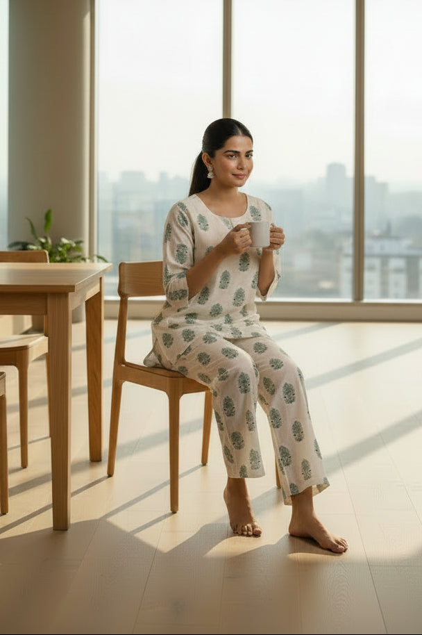 Ivory Floral Printed Cotton Co-ord Set