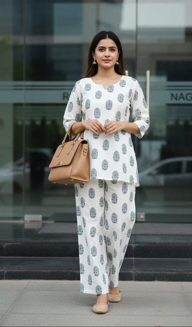 Ivory Floral Printed Cotton Co-ord Set