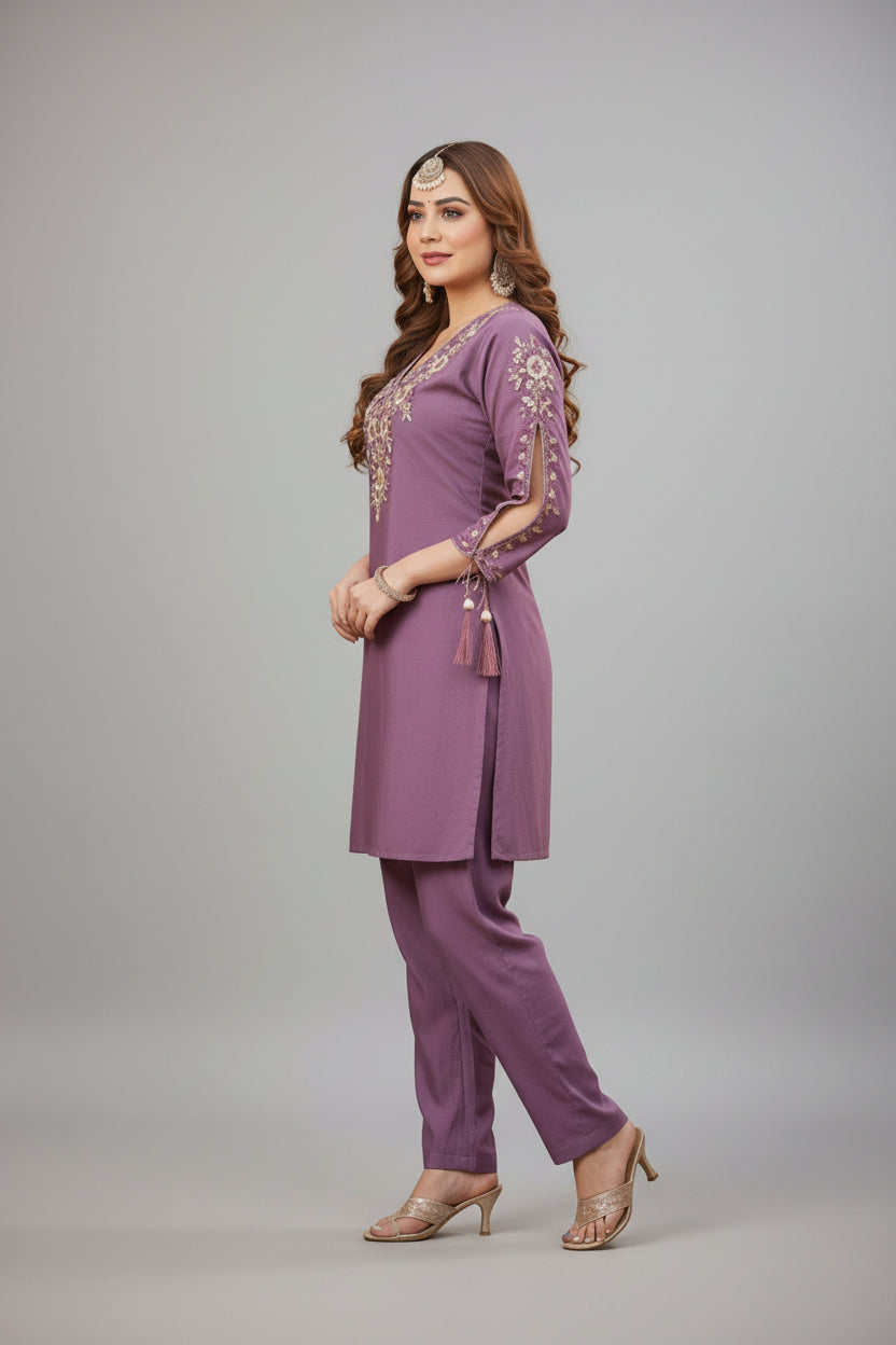 Wine Purple Floral Embroidered Co-ord Set