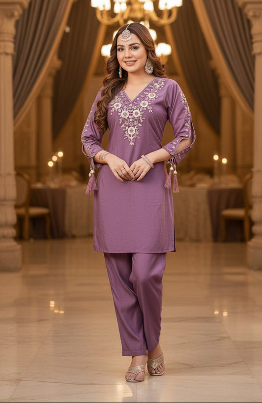 Wine Purple Floral Embroidered Co-ord Set