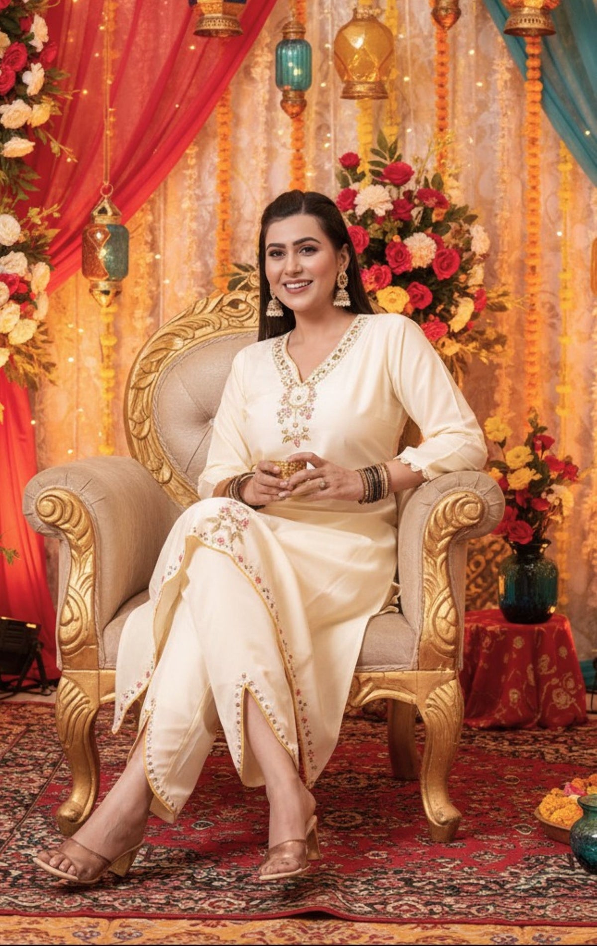 Ivory or Off-White Floral Embroidered Co-ord Set