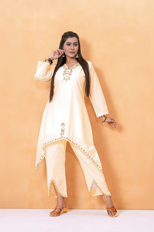 Ivory or Off-White Floral Embroidered Co-ord Set