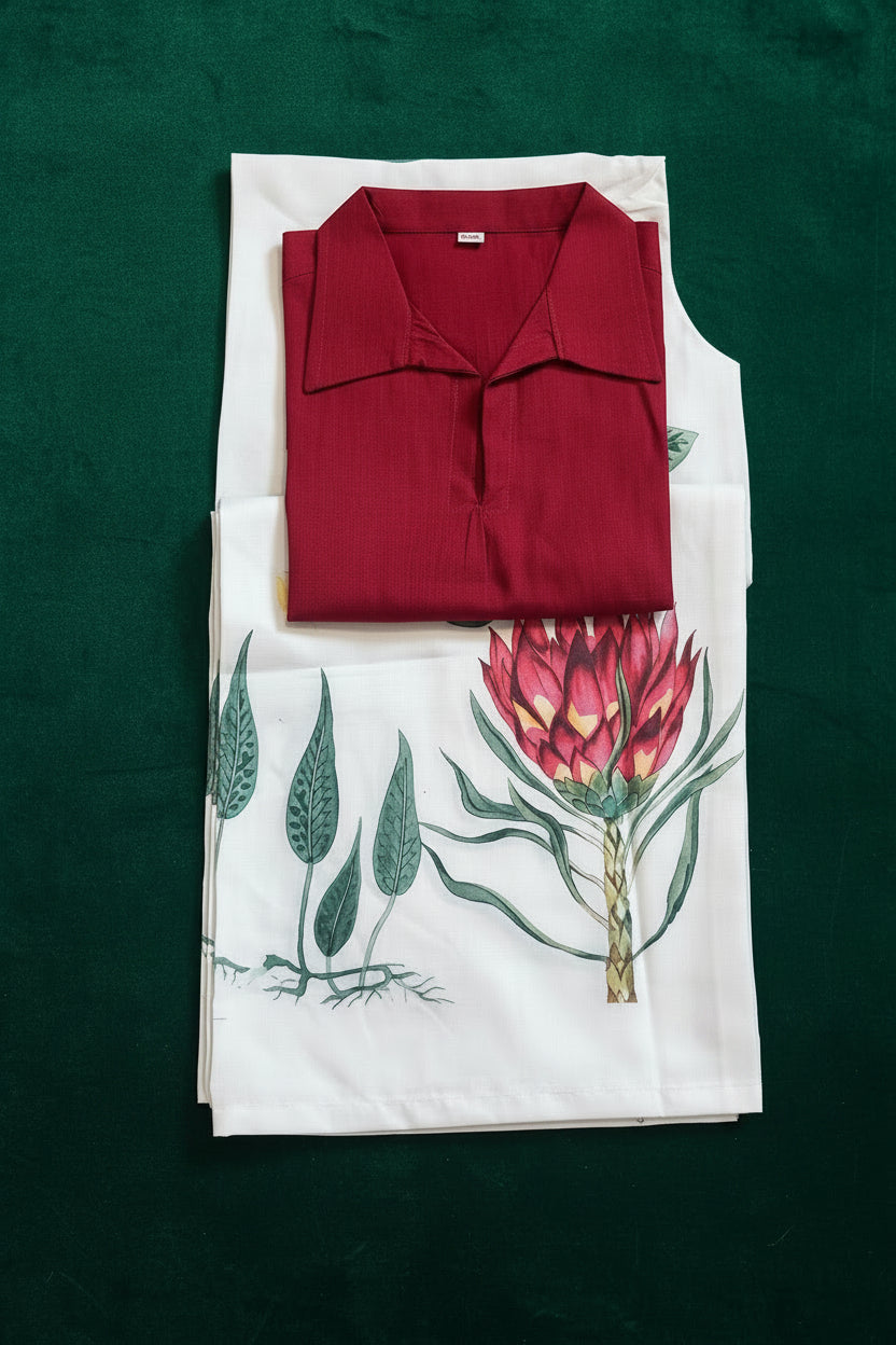 Maroon and Off-White, Printed bottom Vertical Silk Cord set