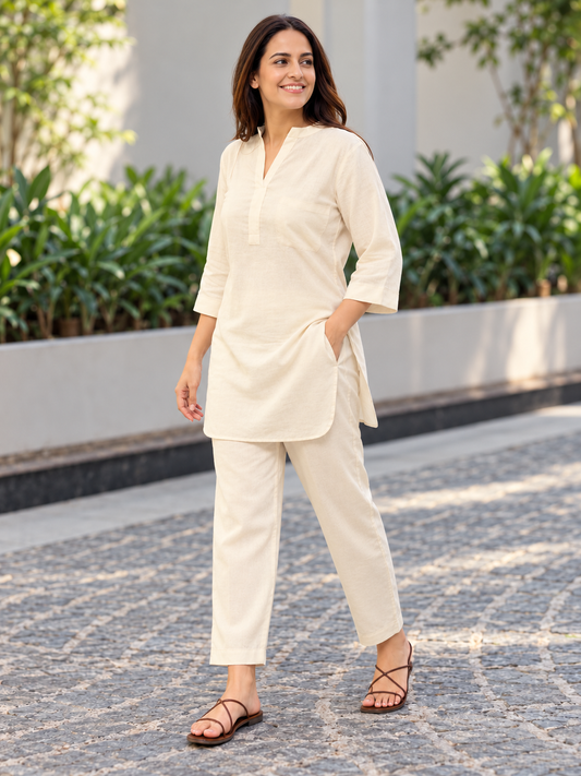 Off White Mandarin Collar Khadi Co-ord Set