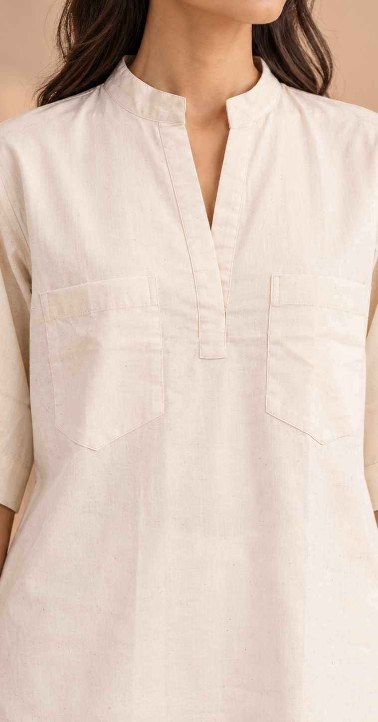 Off White Mandarin Collar Khadi Co-ord Set