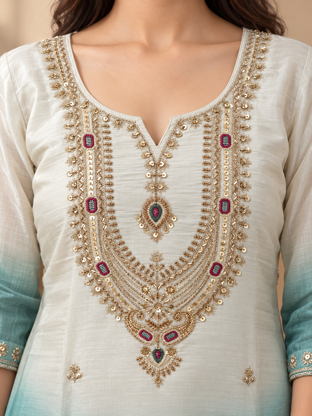 Sea-Green Embroidered Kurta Set with Dupatta