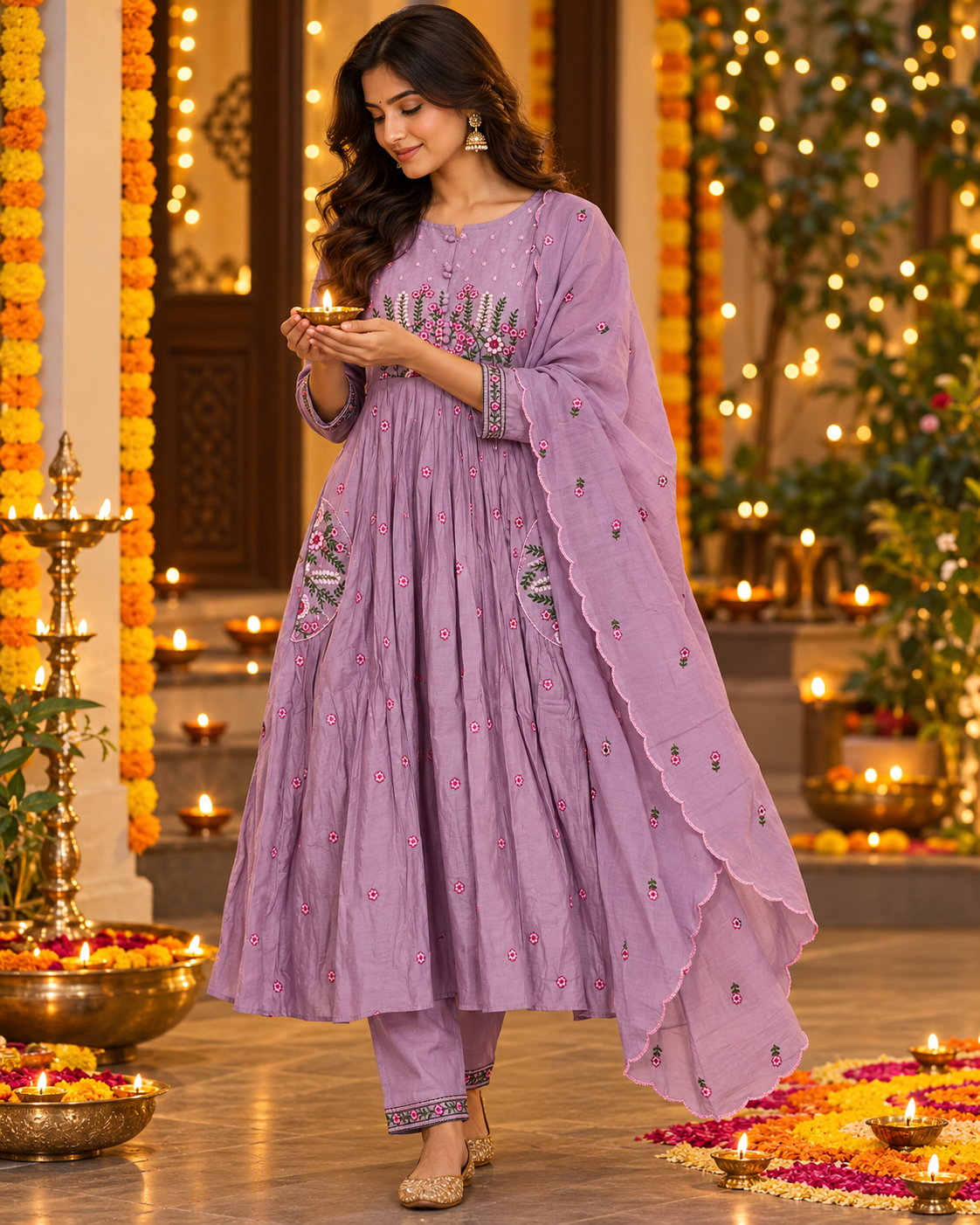 Lavender Floral Embroidered 3-Piece Set