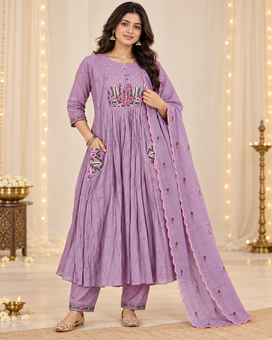 Lavender Floral Embroidered 3-Piece Set