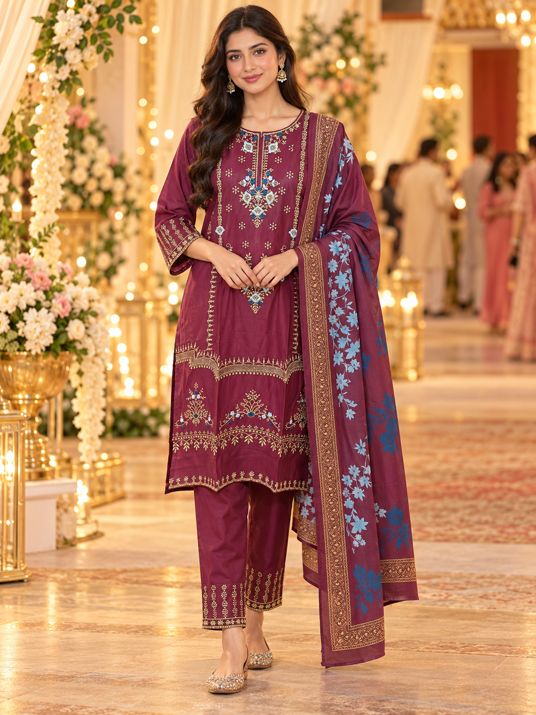 Wine-coloured Heavy Rayon kurta set with golden embroidery and a printed dupatta with blue florals on a hanger