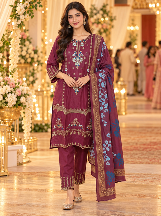 Wine-coloured Heavy Rayon kurta set with golden embroidery and a printed dupatta with blue florals on a hanger