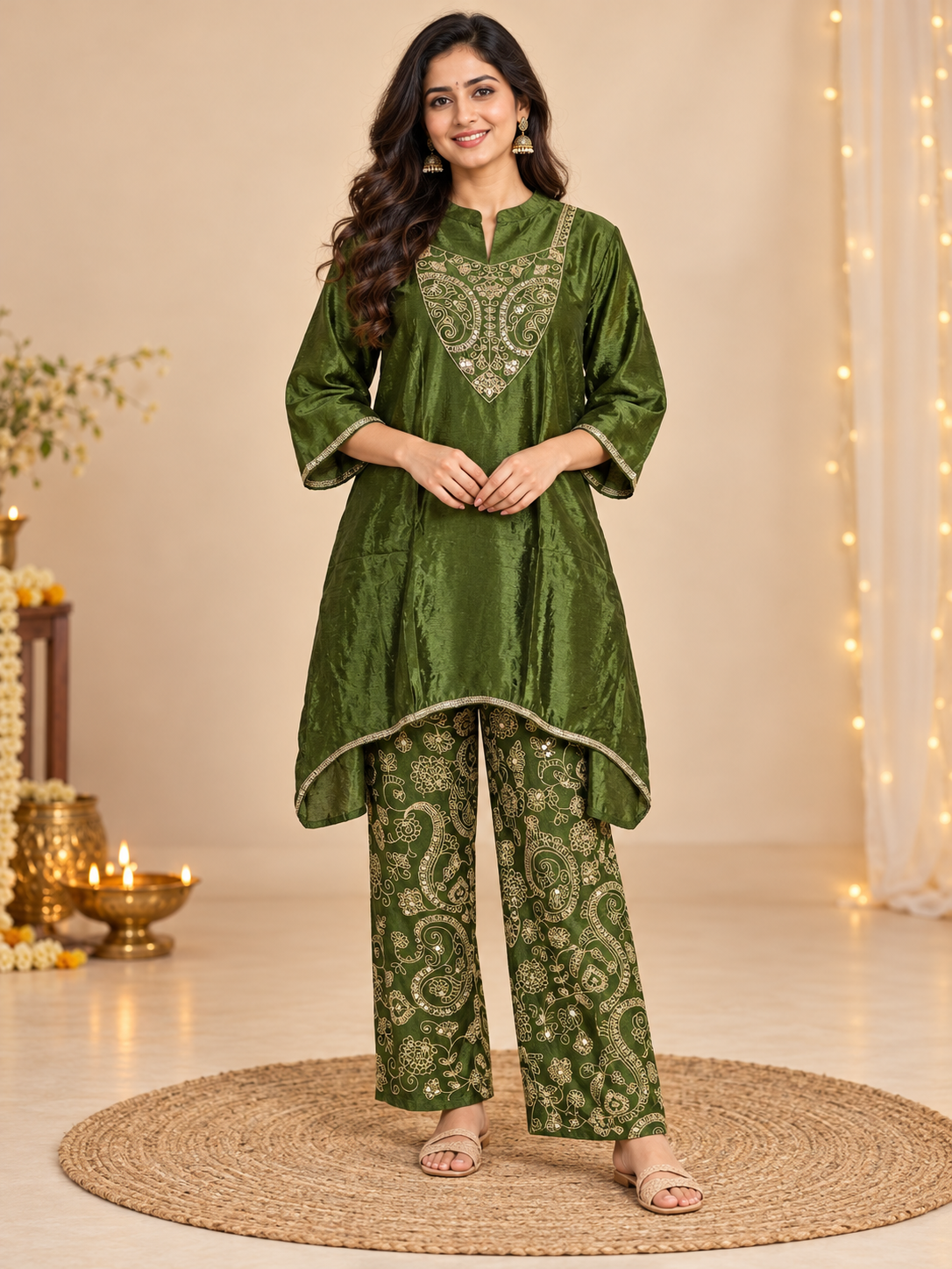 Mehendi Green Paisley Embroidered Kurta Set