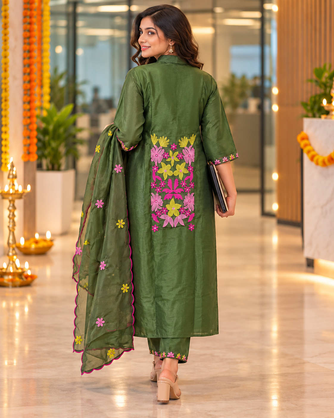 Bottle Green Floral Embroidered Kurta Set with Dupatta